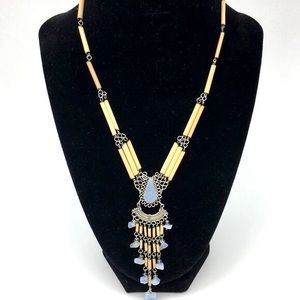 Vintage Southwestern style Necklace Silver Tone Wire Light Blue Stone Bamboo